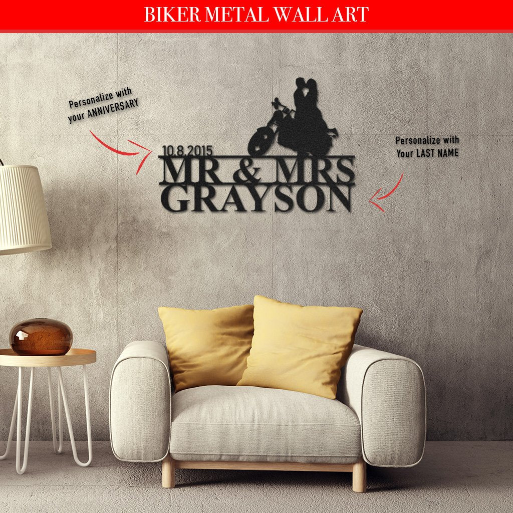 Happily Married Biker Couple - PERSONALIZED Metal Wall Art (🇺🇸Made In The USA)