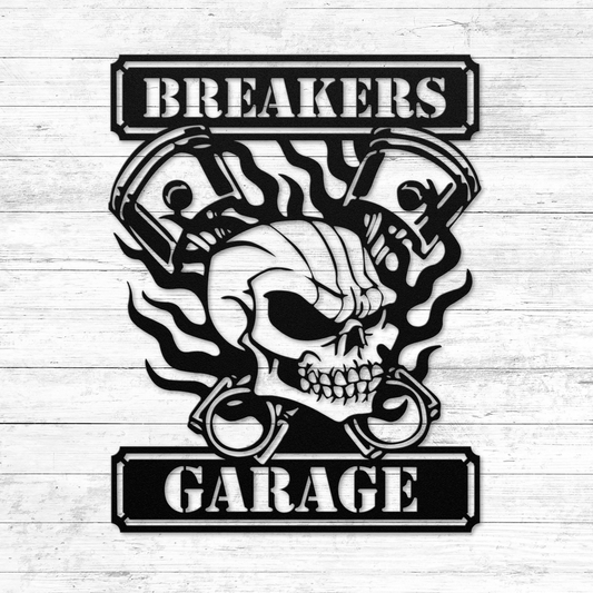 Crossed Pistons and Skull Garage Metal Sign