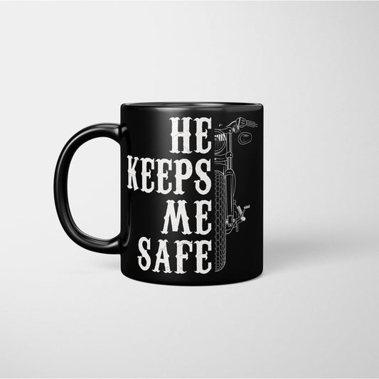 He Keeps Me Safe - Couples Biker Mug - Black Mug