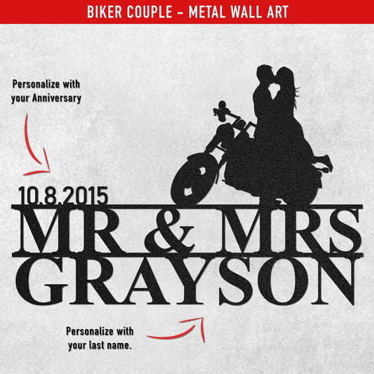 Happily Married Biker Couple - PERSONALIZED Metal Wall Art (🇺🇸Made In The USA)