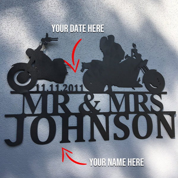 Happily Married Biker Couple - Two Bikes - PERSONALIZED Metal Wall Art (🇺🇸Made In The USA)