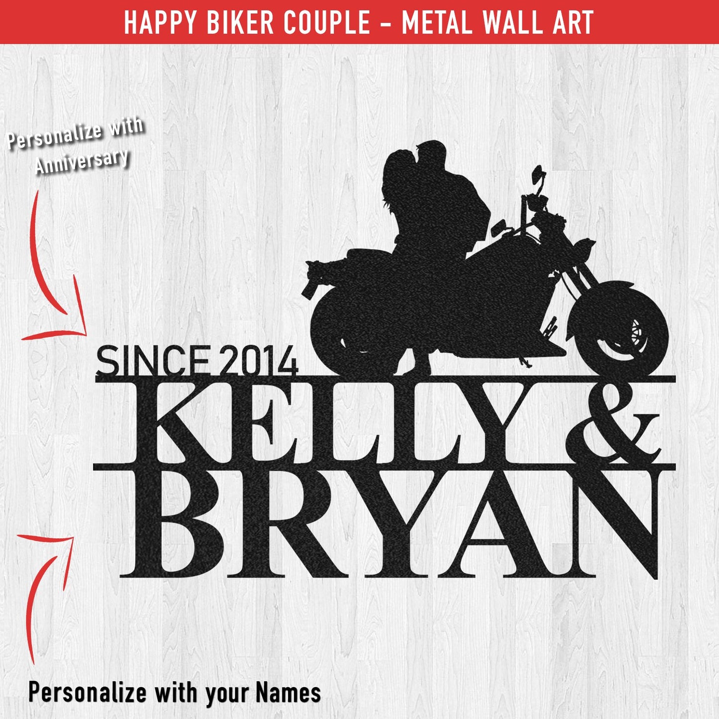 Happy Biker Couple - PERSONALIZED Metal Wall Art (🇺🇸Made In The USA)